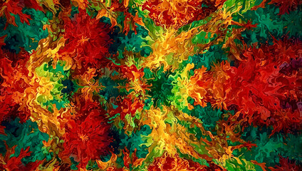 Red gold and green in a random pattern of psychedelic art form. AI generated illustration.
