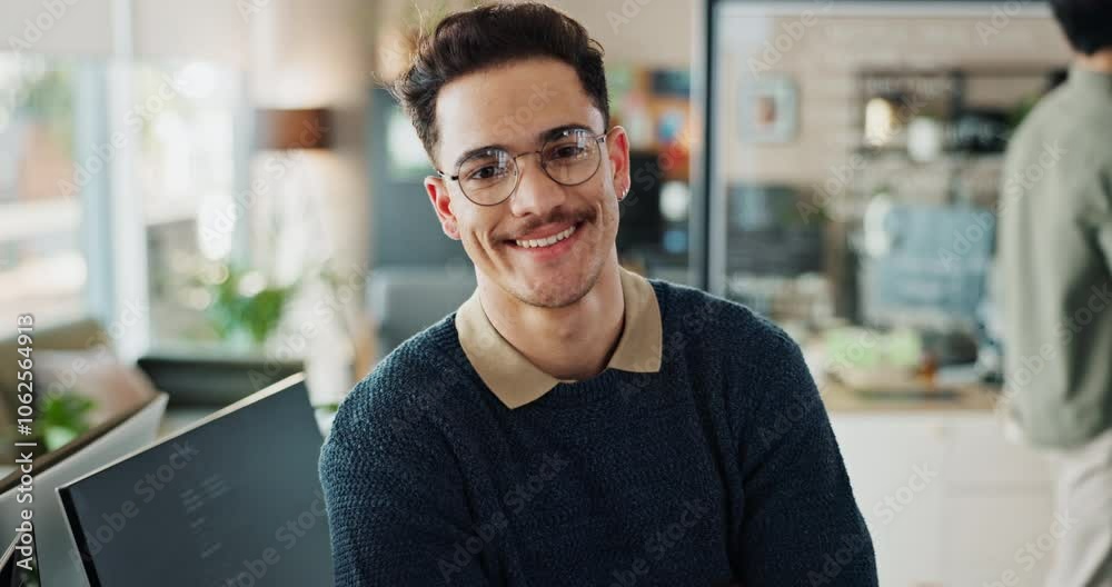 Fototapete Man, face and confident with arms crossed for coding, programing and system update as software engineer. Male person, employee and portrait with happiness for innovation project and data development