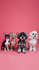 Group of Four Small Dogs of Various Breeds Standing on Red Backdrop