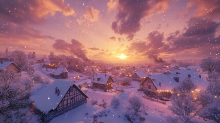 View of snow-covered village, christmas lights twinkling, winter sunset