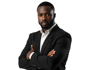 Business man in a black suit isolated on transparent background, Afro businessman in suit, crossed arms, 