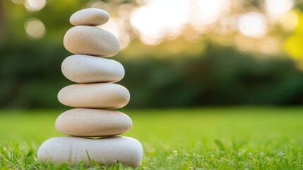 Obraz premium Balanced Stones on Grass with Green Blurred Background Zen Garden Concept