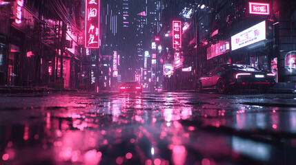 Obraz premium Cyberpunk street scene with neon lights reflecting on wet pavement under a heavy rainfall, featuring futuristic cars