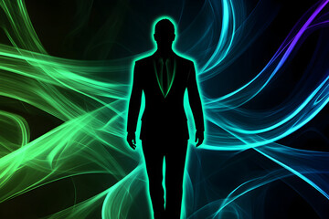 Neon business person silhouette isolated on black background.