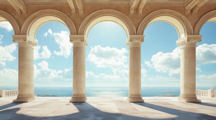Fototapeta premium Arched Roman columns on historical building, spacious sky copy space