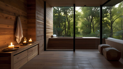 serene and calming sauna environment. The scene should feature a cozy wooden interior with warm, soft lighting that highlights the natural wood textures