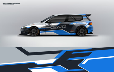 Car branding mockup with racing wrap decal or livery design, Hatchback wrap design with blue black and white background. Hatchback and sedan vector ready print printable file