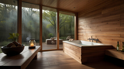 Fototapeta premium serene and calming sauna environment. The scene should feature a cozy wooden interior with warm, soft lighting that highlights the natural wood textures