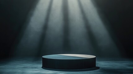 Black Circular Platform with Light Rays on a Dark Surface