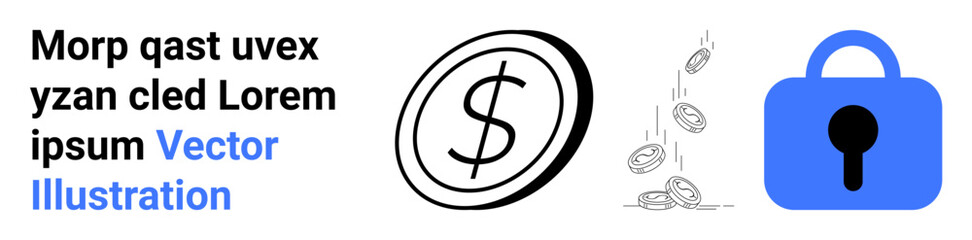 Dollar coin symbol, falling coins, and blue lock icon. Ideal for finance, banking, investments, data security, cybersecurity, fintech, and online transactions. Banner for landing page
