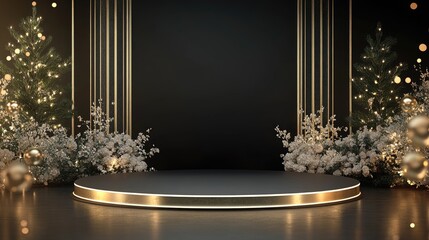 Black and Gold Podium with Christmas Decor