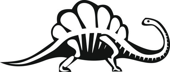 Side view of a spinosaurus dinosaur skeleton walking, depicted as a black and white silhouette