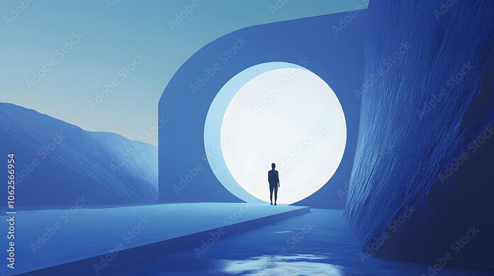 Poster Lifestyle photo of a person walking through a 3D archway that transitions into a 2D illustrated landscape, blending dimensions, 4k resolution