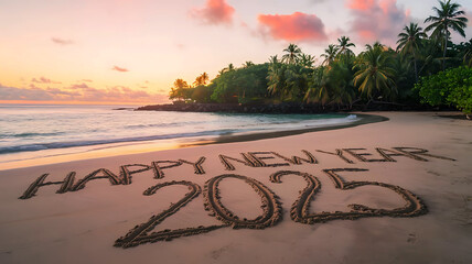 Happy new year 2025 concept, beach sunset with '2025' in sand, warm vibrant colors, empty shore