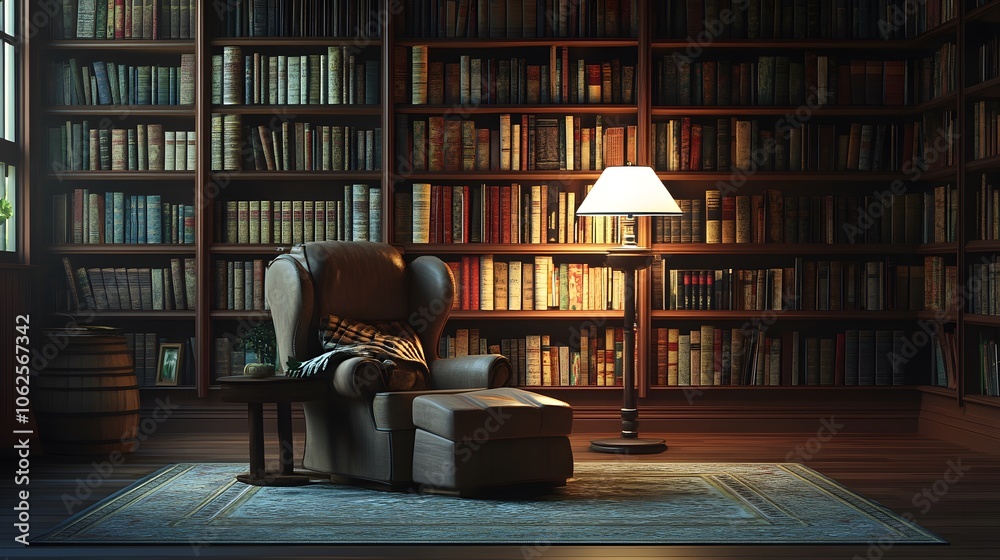 Poster Lifestyle photo of a person reading a book in a 2D library with a 3D chair and lamp, blending fantasy with comfort, 4k resolution
