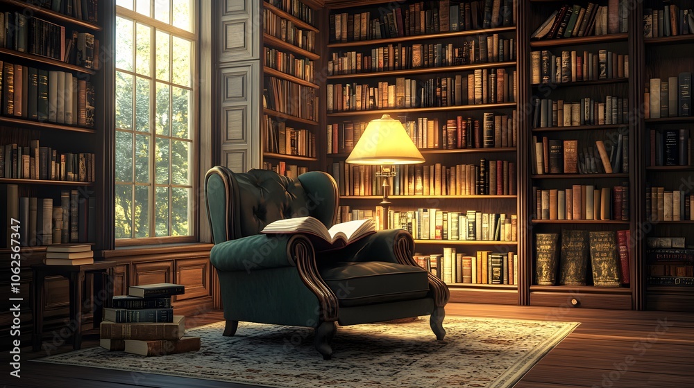 Poster lifestyle photo of a person reading a book in a 2d library with a 3d chair and lamp, blending fantas