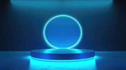 Blue Neon Circle Light Above a Pedestal