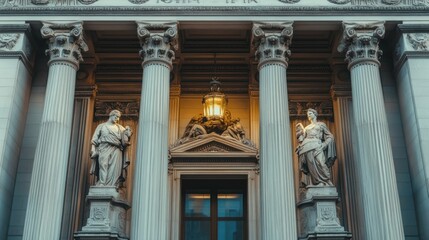 Fototapeta premium A grand bank building with classical architecture and sculptures,