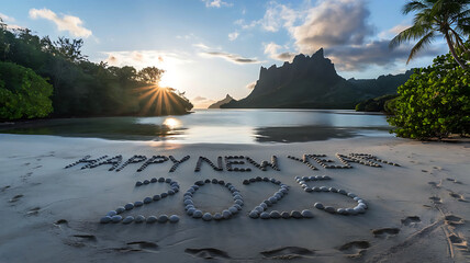 Happy new year 2025 concept, beach sunset with '2025' in sand, warm vibrant colors, empty shore