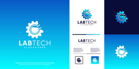 Naklejka premium gear and laboratory logo, mechanical symbols, engineering science, graphic design template.