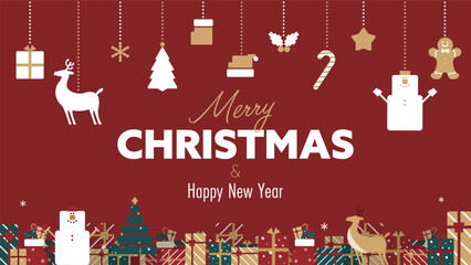 クリスマスオーナメントとプレゼントボックスで飾られたクリスマスの背景テンプレート（赤）　Christmas background template decorated with Christmas ornaments and gift boxes (red)