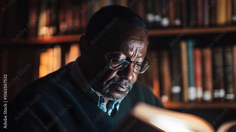 Leinwandbilder lifestyle photo of a man in a dimly lit library, a single light highlighting his face and creating d