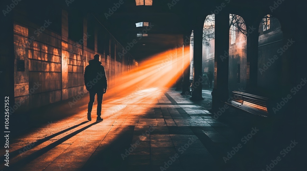 Aufkleber lifestyle photo of a person walking in a shadowed corridor with a single beam of light breaking thro