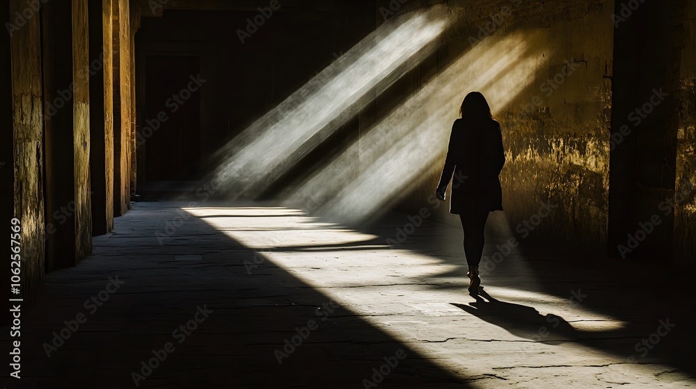 Aufkleber lifestyle photo of a person walking in a shadowed corridor with a single beam of light breaking thro