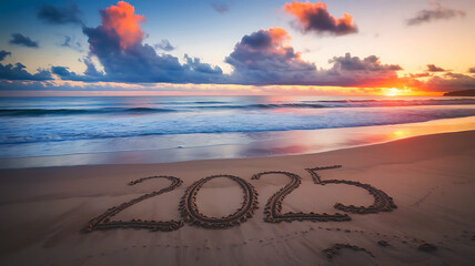 Happy new year 2025 concept, beach sunset with '2025' in sand, warm vibrant colors, empty shore