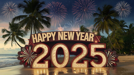 Happy new year 2025 concept, beach sunset with '2025' in sand, warm vibrant colors, empty shore