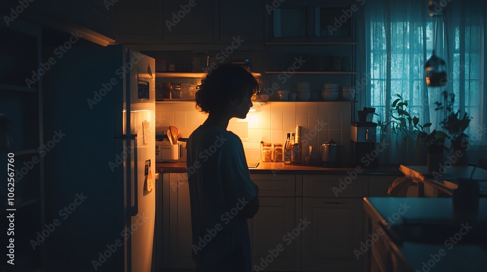 Poster lifestyle photo of a person in a dimly lit kitchen with light from an open refrigerator casting a fo