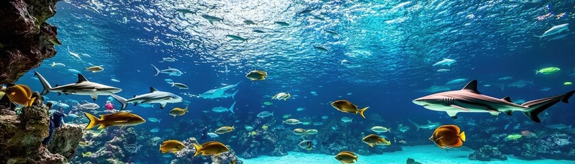 Fototapeta premium A vibrant underwater scene showcasing various fish species swimming amidst coral reefs with sunlight shimmering through the water.