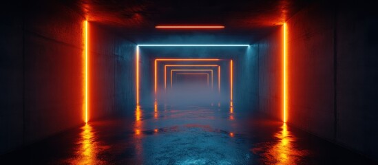 Dark corridor with orange and blue neon lights and smoke.