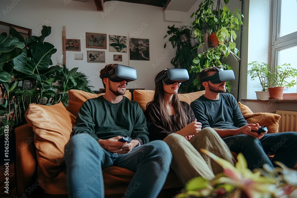 Poster Lifestyle photo of a group using virtual reality to monitor green energy consumption in a high-tech urban community, 4k resolution