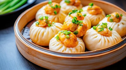 A bamboo steamer filled with fluffy dumplings, topped with green onions, showcasing delicious Asian cuisine.