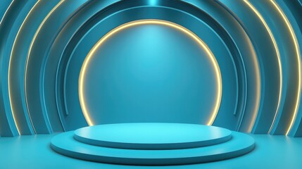 Fototapeta premium Abstract Blue Circular Platform with Yellow Neon Lights