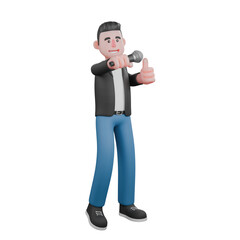 3D Cartoon Singing Performer. a male musician stands holding a microphone in his right hand and gives a thumbs up to his left hand. Music Star