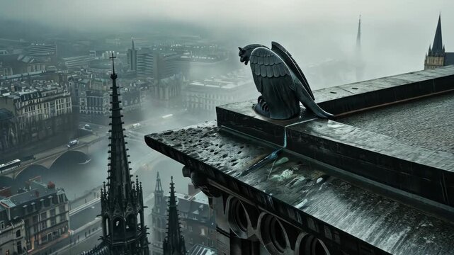 A gargoyle overlooks a foggy cityscape, perched atop a gothic cathedral in Paris, France