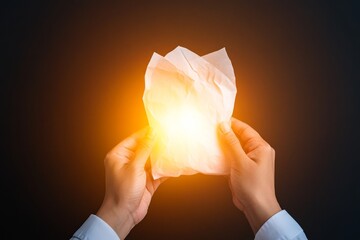 Hands crumpling a sheet of paper, light glowing from the center against a dark background.