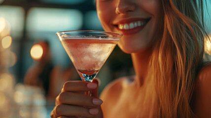 Young woman enjoying a cocktail at a stylish bar during a vibrant evening gathering