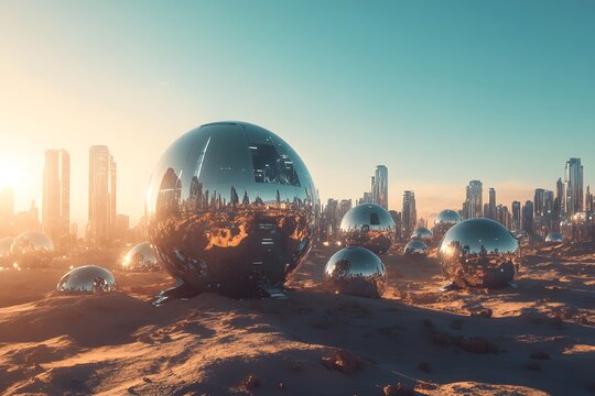 Drone photography of a futuristic desert city with metallic structures reflecting the intense sun, creating a high-tech oasis, 4k resolution