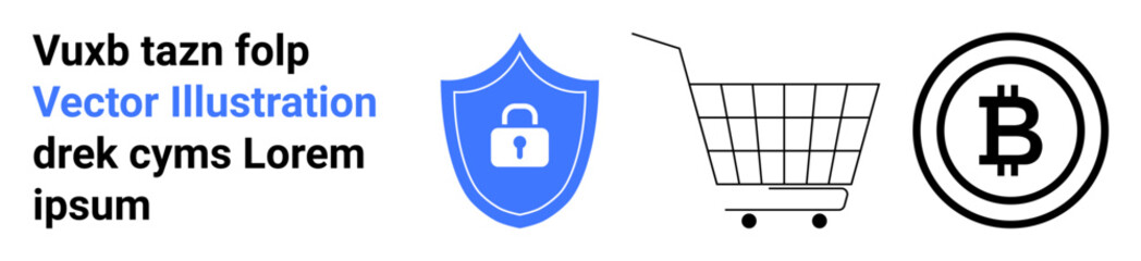 Blue security shield with a padlock, gray shopping cart, black Bitcoin symbol. Ideal for e-commerce, cryptocurrency, online security, fintech, digital payments, blockchain, internet safety. Banner