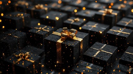 Black Friday. Cyber Monday. Black christmas boxes with golden ribbon on black background with copy space for text. With Generative AI technology