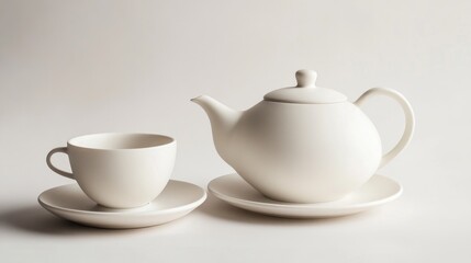 Fototapeta premium A white teacup and saucer, and a white teapot. All on a light background.