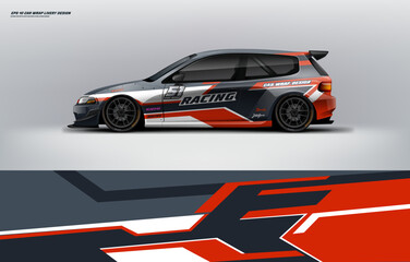 Fototapeta premium Car branding mockup with racing wrap decal or livery design, Hatchback wrap design with red black color and background. Hatchback and sedan vector ready print printable file