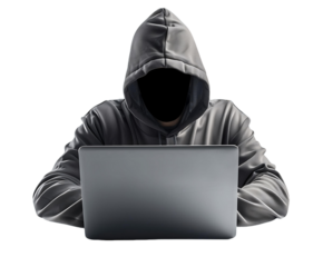 Hacker Figure with Laptop on Clear Background