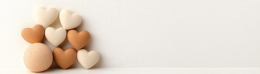 Obraz premium White and Beige Heart Shapes and Egg on White Background Minimalist Love Concept