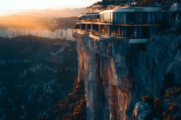 Drone photography of a cliffside luxury resort with cantilevered balconies and expansive glass walls overlooking a surreal valley, 4k resolution