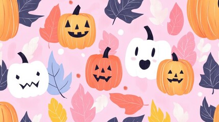 Halloween Seamless Pattern with Jack o  Lanterns and Leaves