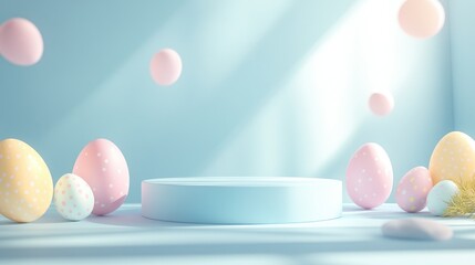 Fototapeta premium Pastel Easter Eggs and a Light Blue Platform with Sunbeams
